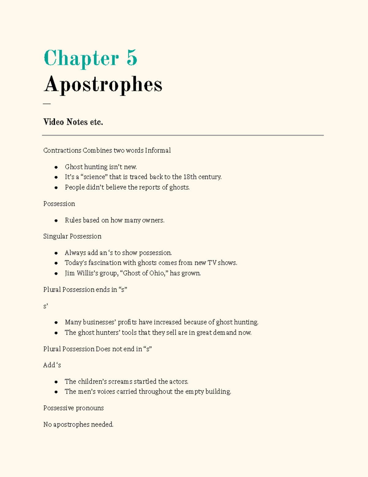 Chapter 5 Apostrophes - Contractions, possession, singular possession ...