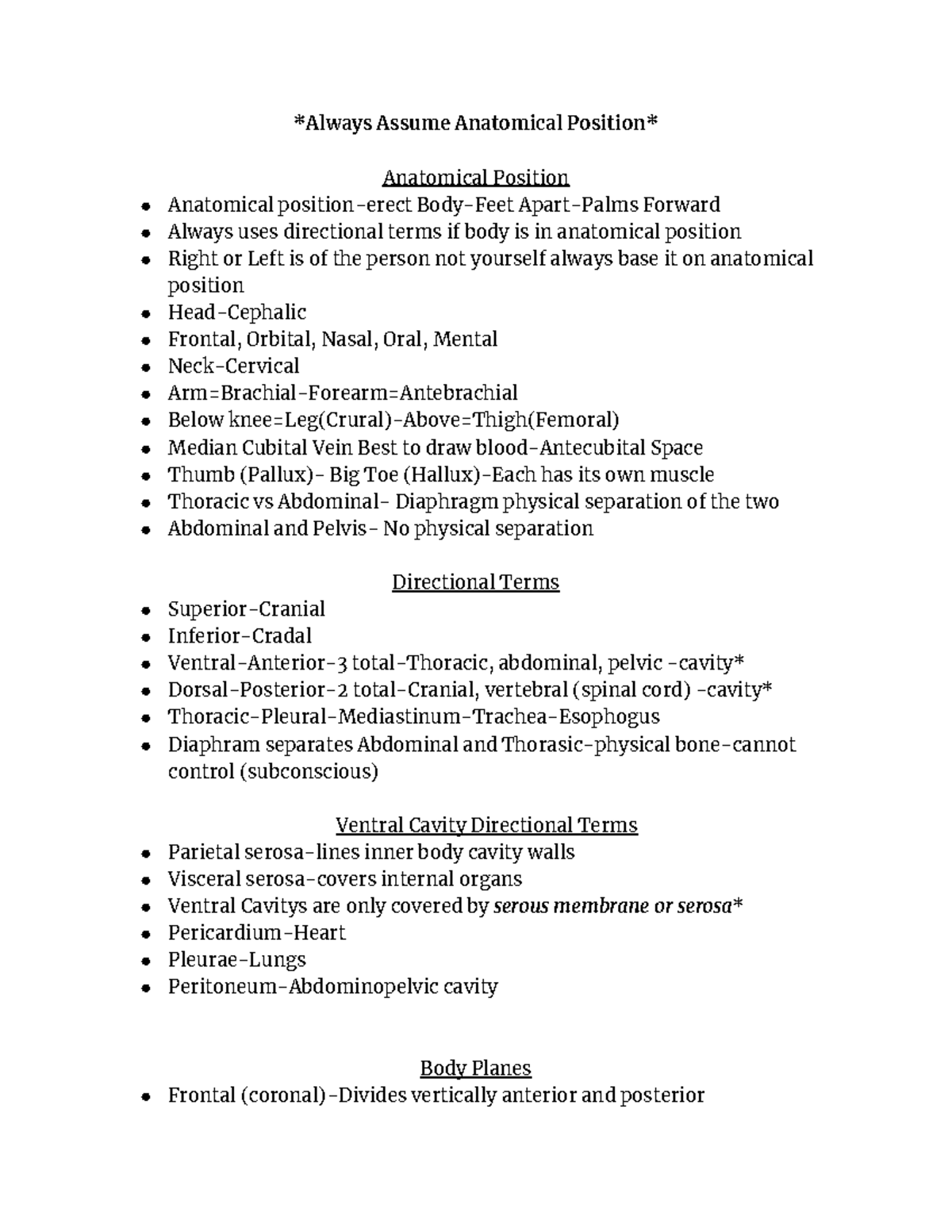Copy of A&P1-Notes - anatomy review - Always Assume Anatomical Position ...