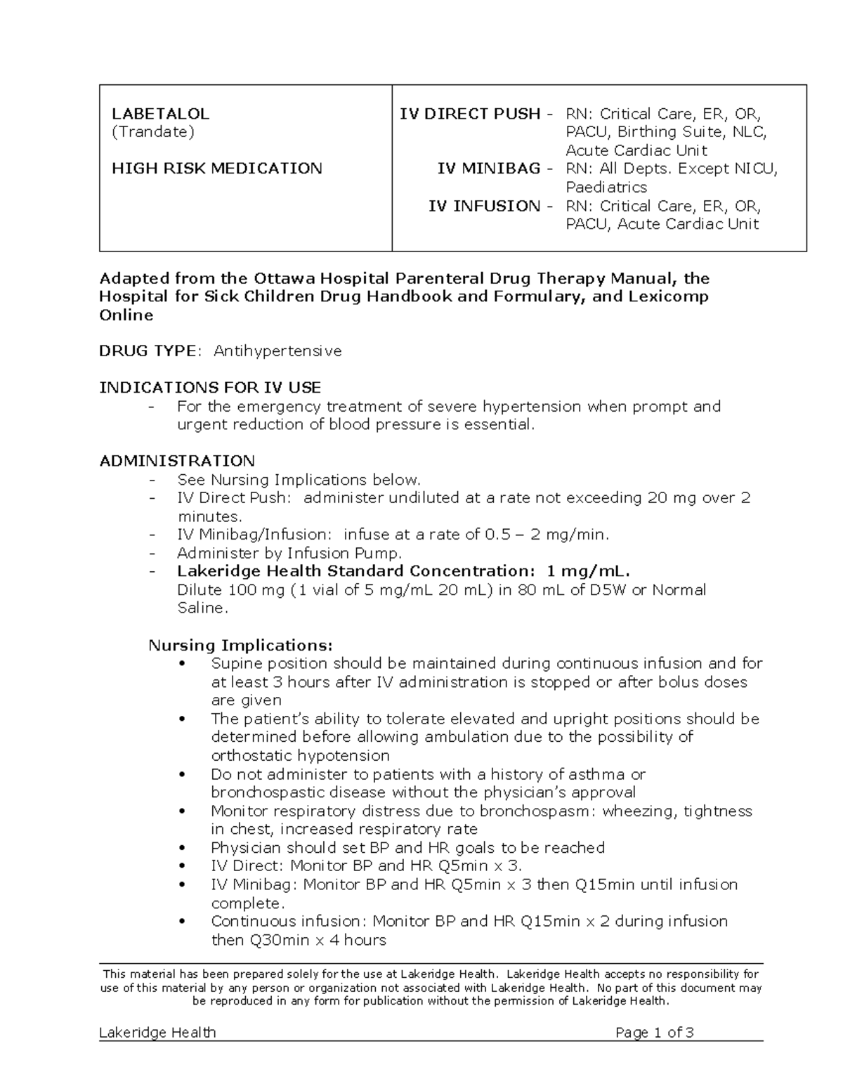 Labetalol (Trandate) Medications IV Monographs LABETALOL (Trandate