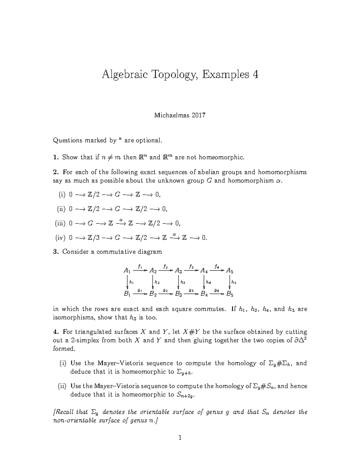 Algebraic Topology 2017-2018 Example Sheet 4 - Algebraic Topology ...