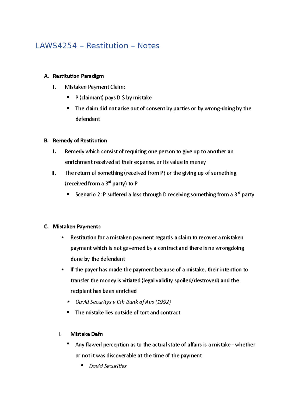 Restitution Notes - LAWS4254 – Restitution – Notes A. Restitution ...
