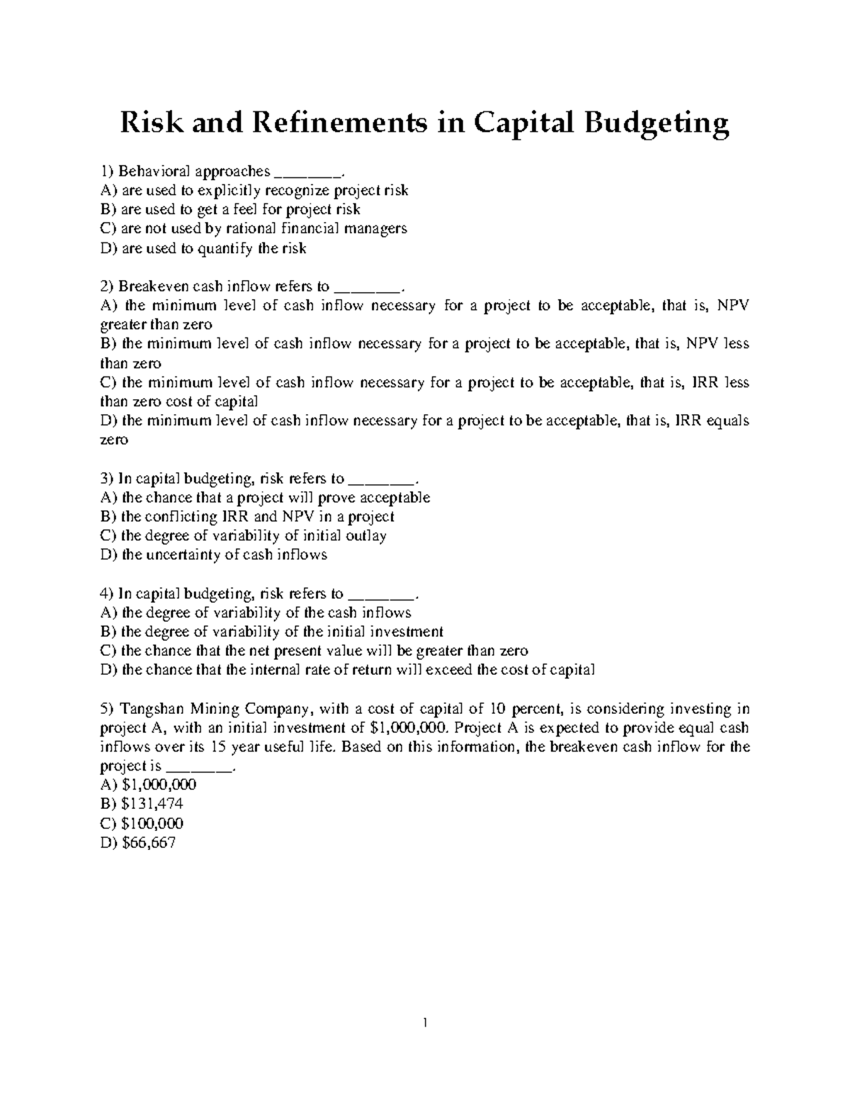 O D E V Risk And Refinements In Capital Budgeting - Risk And ...