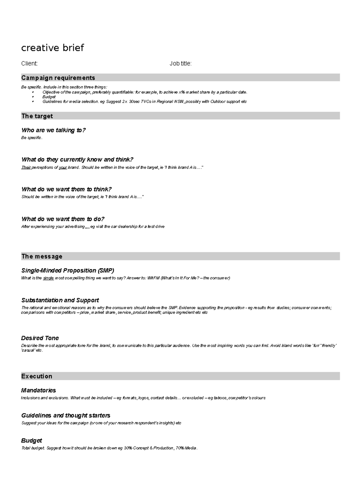 Creative Brief Template - creative brief Client: Job title: Campaign ...