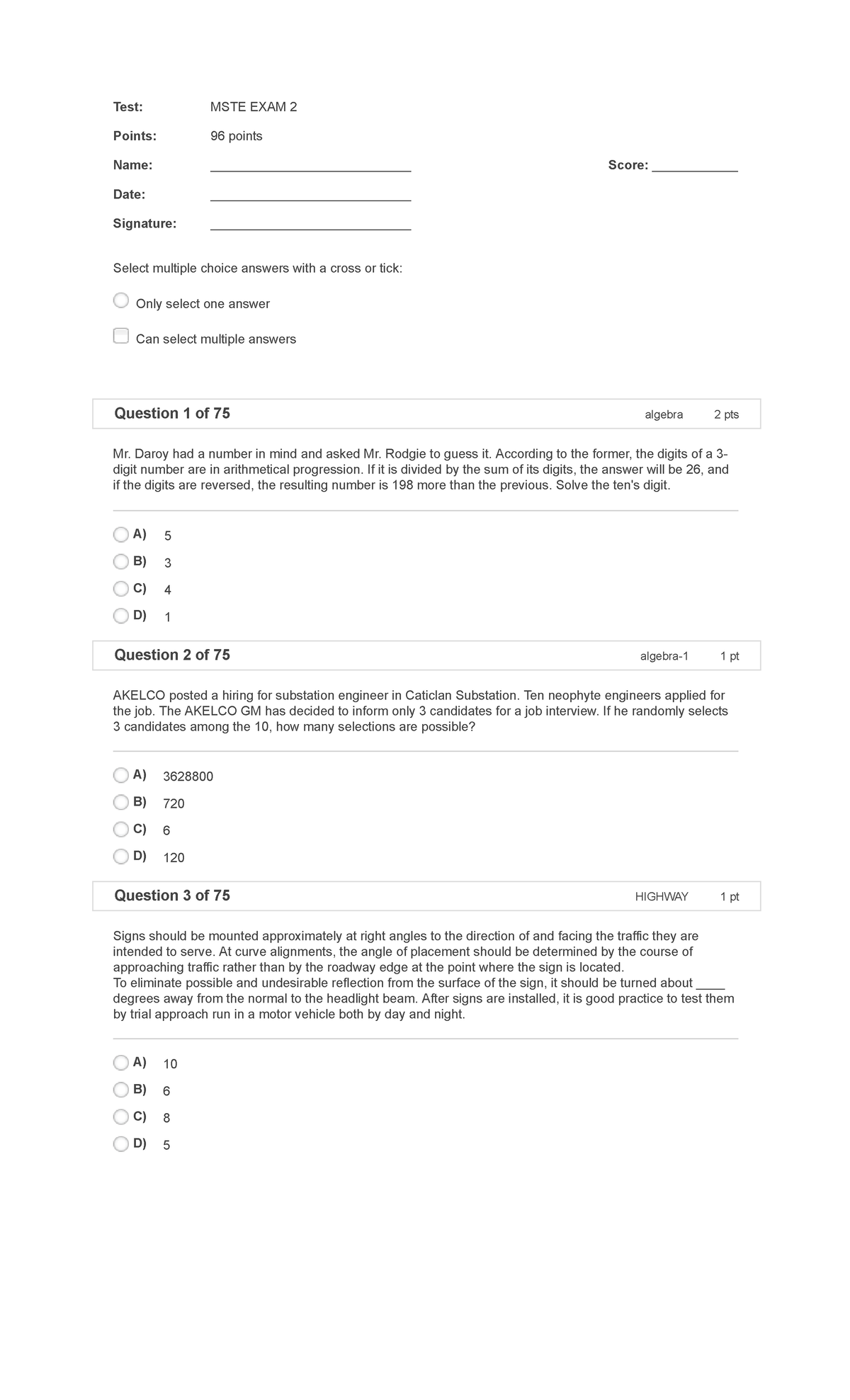 MSTE EXAM 2 - exam - algebra 2 pts algebra-1 1 pt HIGHWAY 1 pt Name