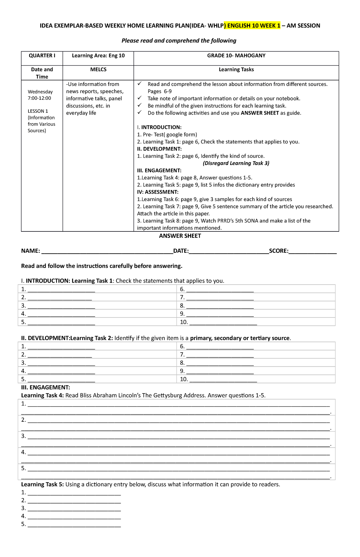 G10 W1 Regular WHLP - LAS & WHLP - IDEA EXEMPLAR-BASED WEEKLY HOME ...