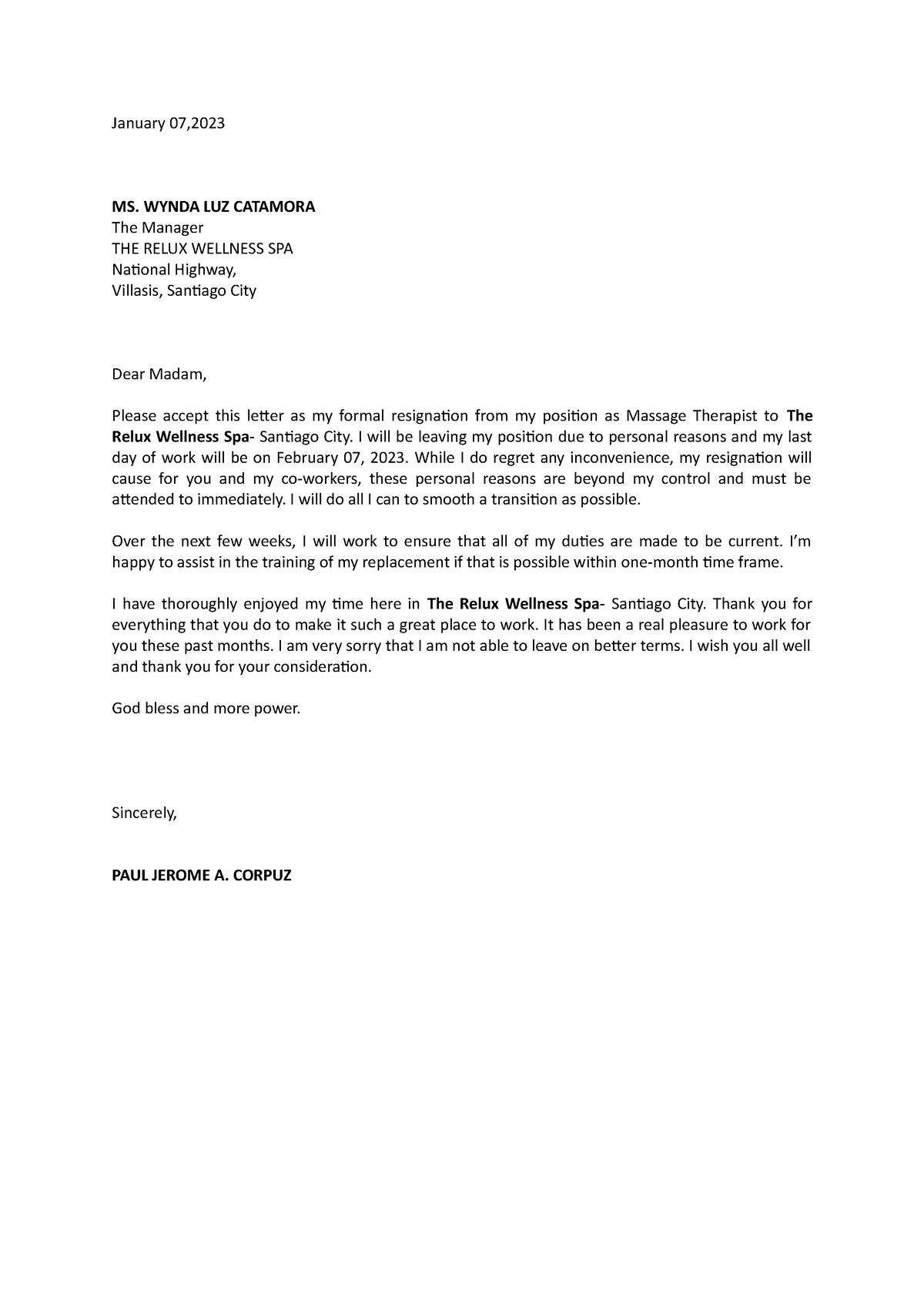 Letter Resignation - January 07, Ms. Wynda Luz Catamora The Manager The 