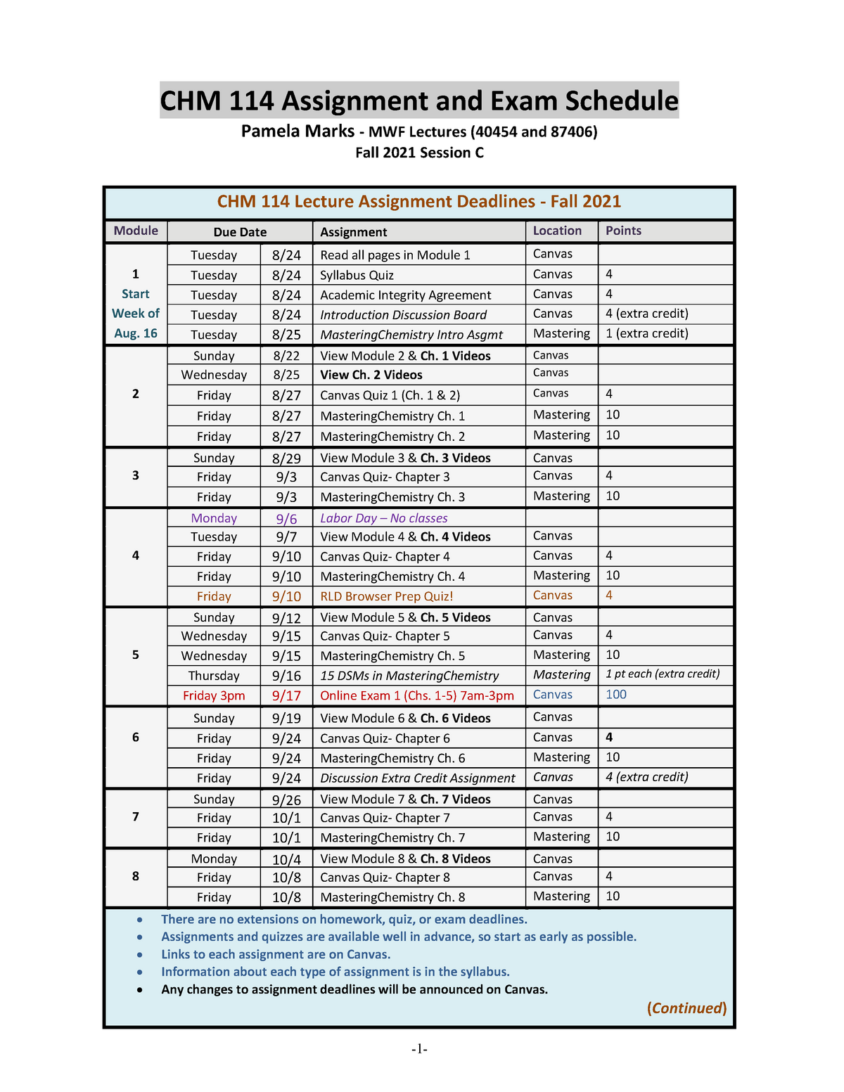 CHM 114 Assignment Schedule PMarks F2021 CHM 113 ASU Studocu