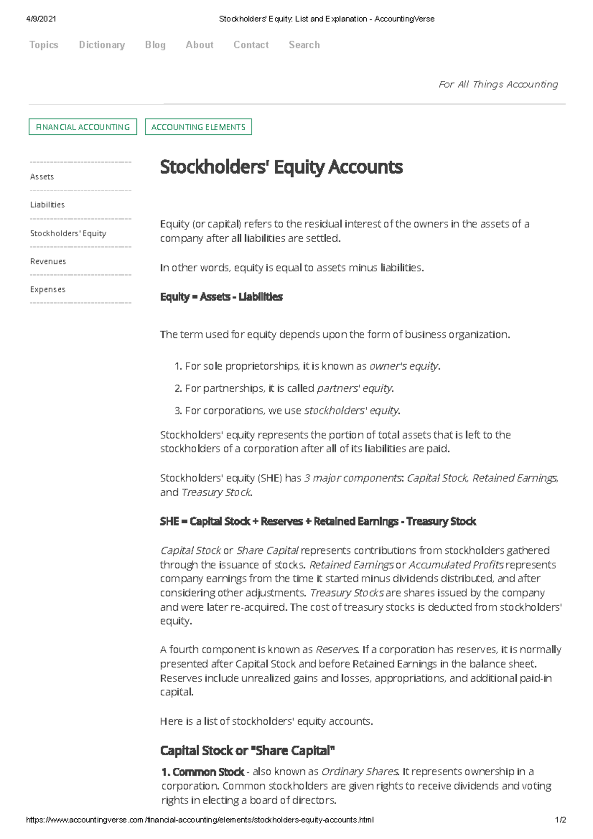 Shareholder's Equity Accounts Compilation for Review Purposes 4/9
