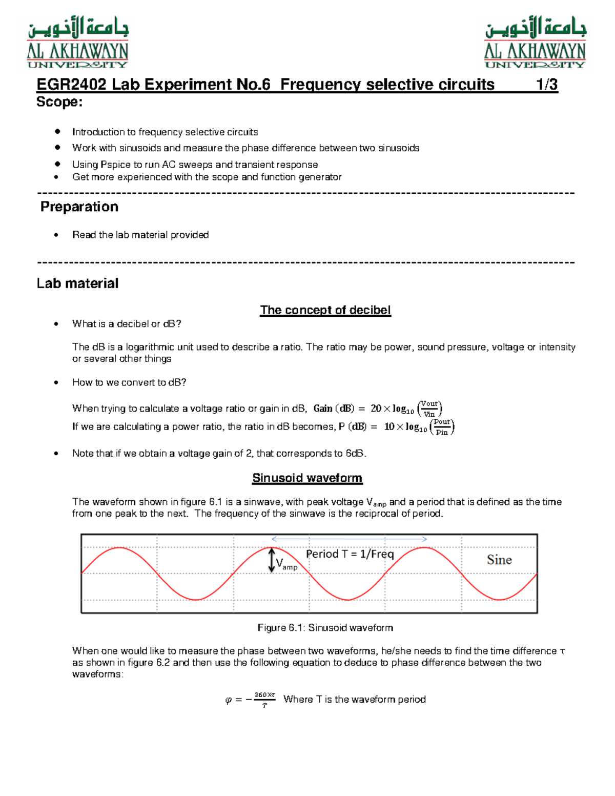 Lab#6 - Frequency Selective Circuits - EGR2402 Lab Experiment No ...
