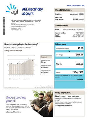 AGL Electricity BILL NSW 009 PROTECH WELDING PTY LTD PROTEC