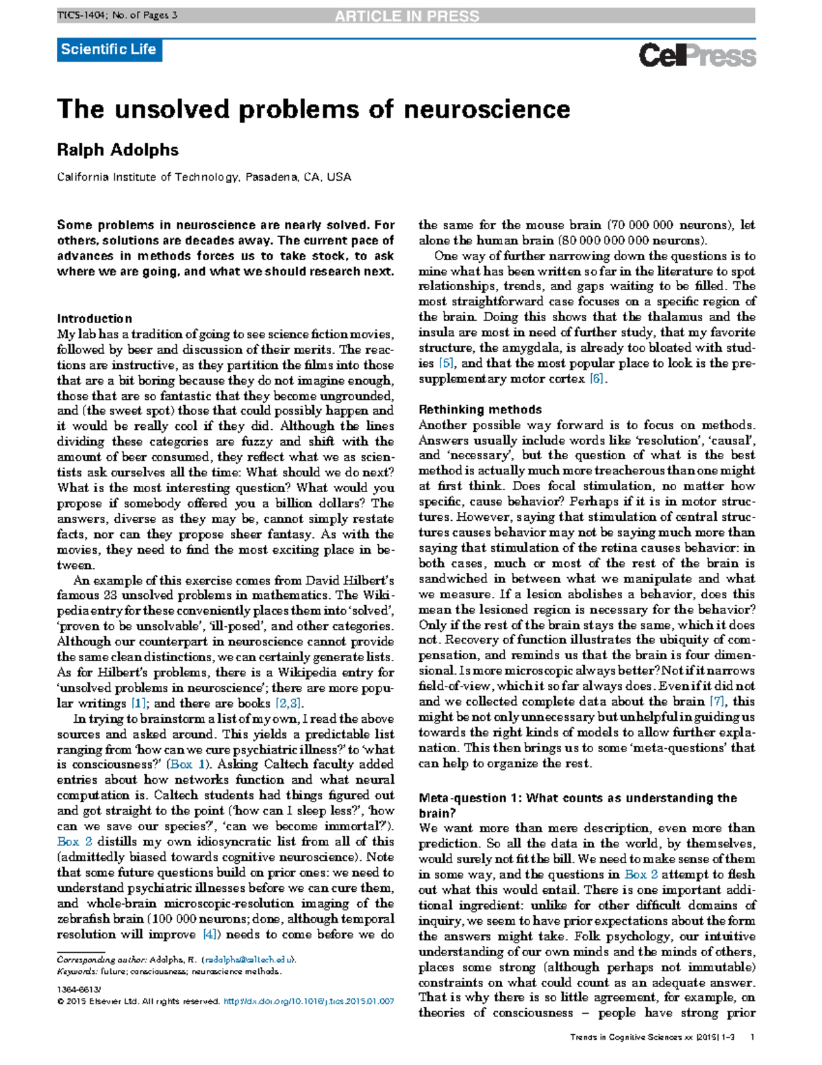 The unsolved problems of neuroscience - For others, solutions are ...