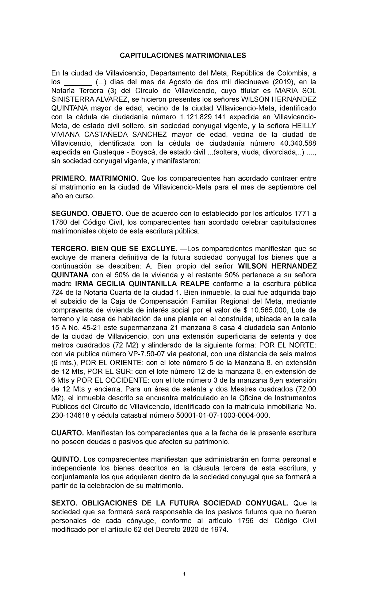 Modelo capitulacion - Capitulación - CAPITULACIONES MATRIMONIALES En la  ciudad de Villavicencio, - Studocu