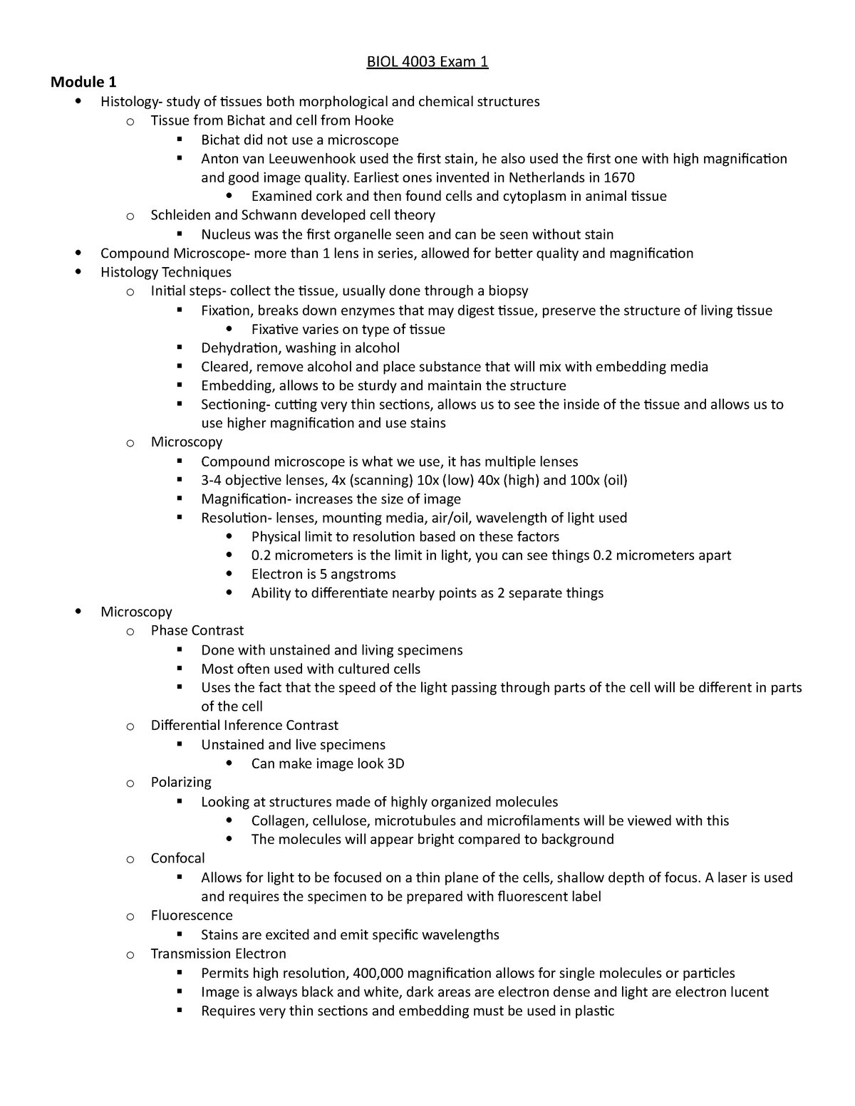 BIOL 4003 Exam 1 - BIOL 4003 Exam 1 Module 1 study of tissues both ...