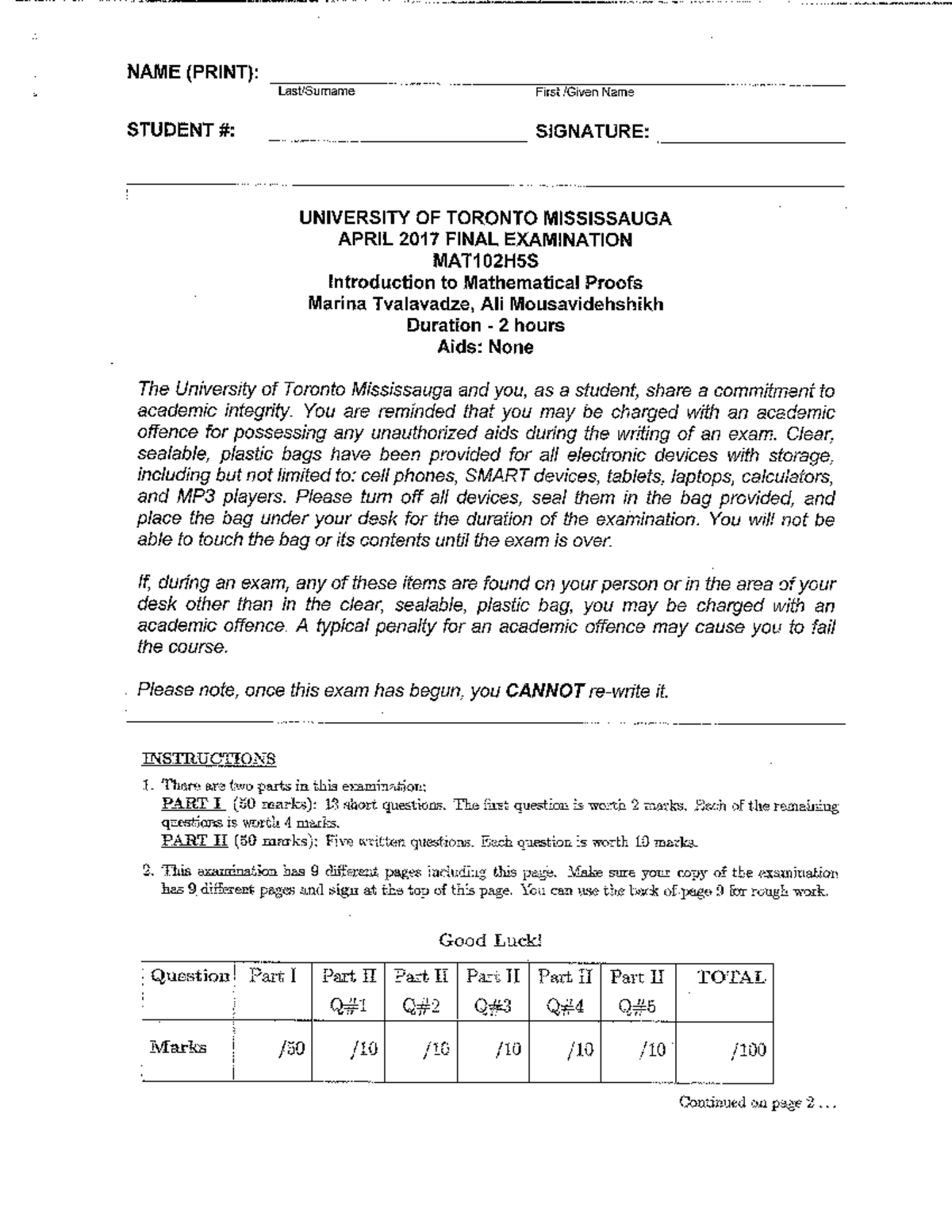 Mat102h-a17 - Exam - MAT102 - Studocu