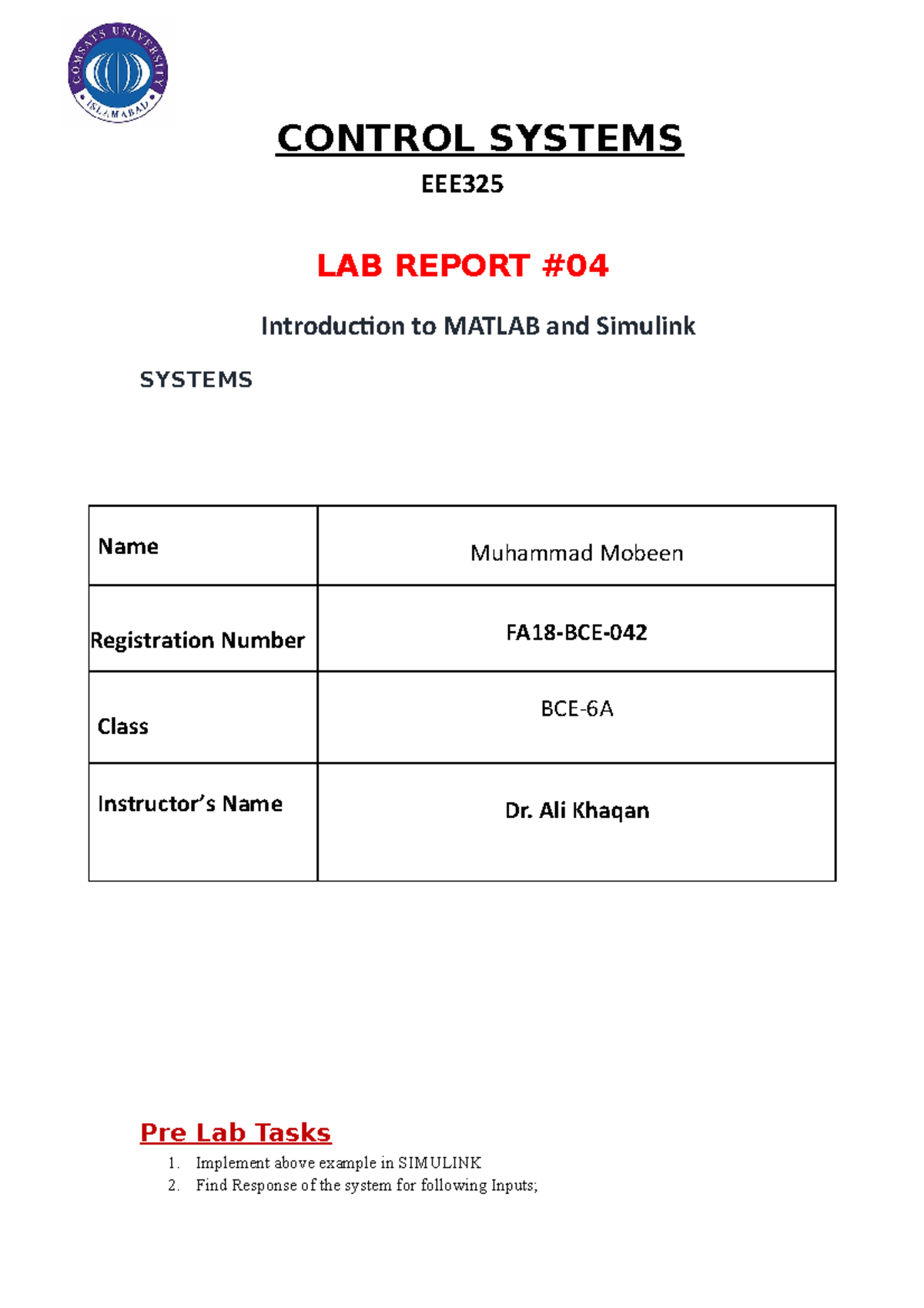 FA18-BCE-042 lab4 - CONTROL SYSTEMS EEE LAB REPORT Introduction to ...