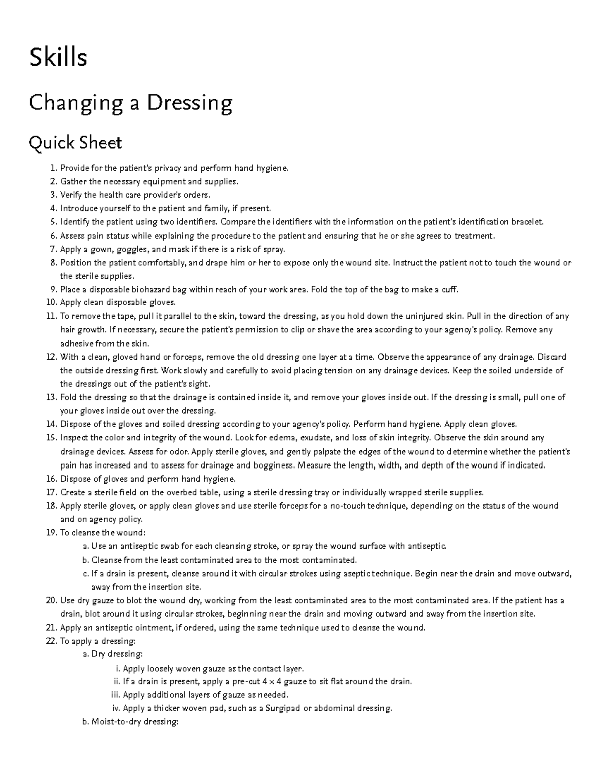 Changing a Dressing Skills for fundamentals Skills Changing a