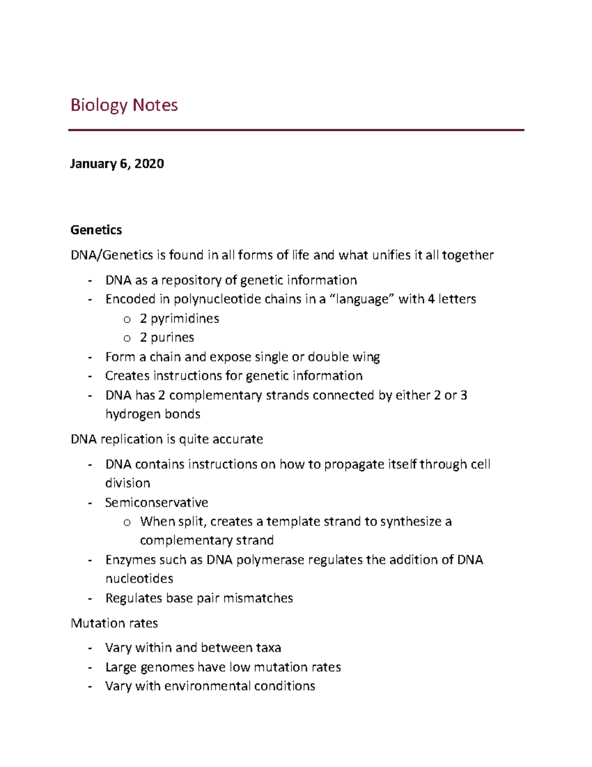 Bio notes-1 - Bio notes-1 - Biology Notes January 6, 2020 SI session ...