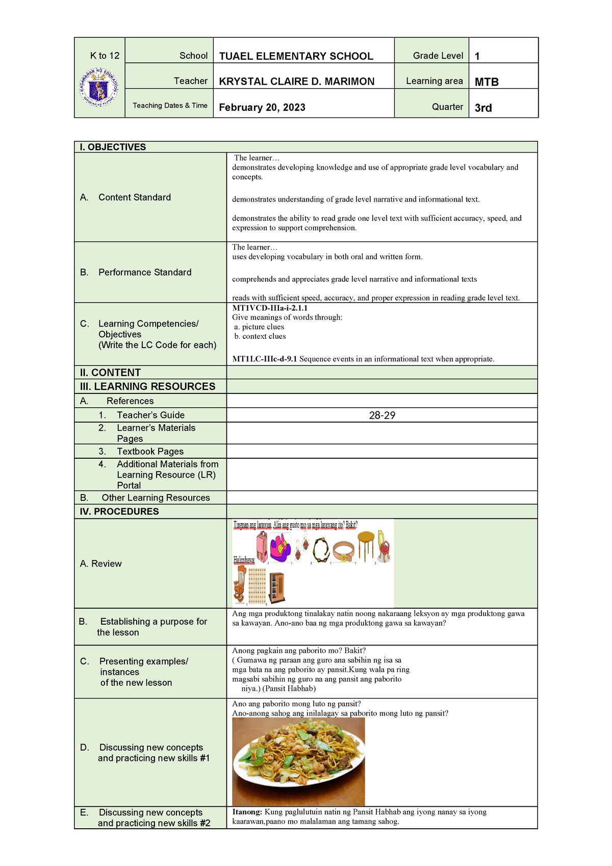 Lesson Plan in mtb - Day 2 - K to 12 School TUAEL ELEMENTARY SCHOOL ...