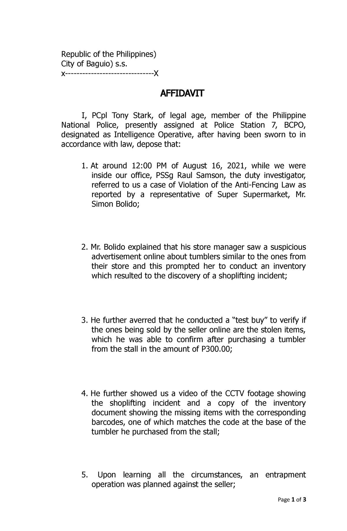 A. Affidavit Of Arrest PCpl Stark - Republic Of The Philippines) City ...