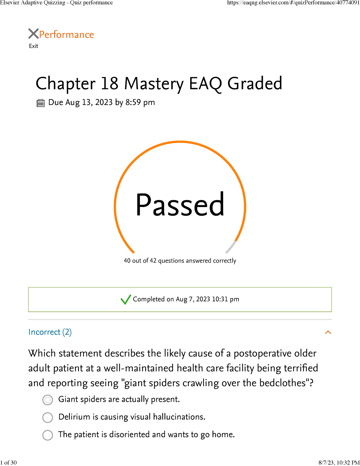 Chapter 18 Elsevier Adaptive Quizzing - Quiz Performance - Exit ...