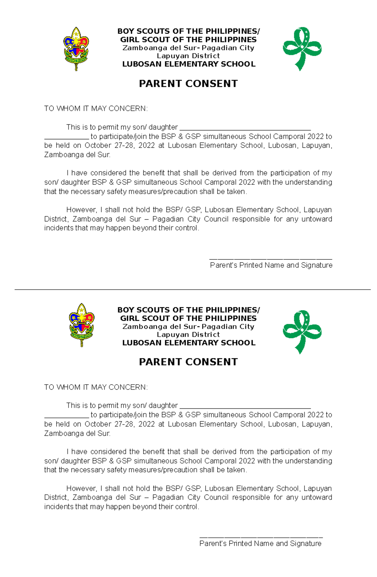 PAREANT CONSENT - BOY SCOUTS OF THE PHILIPPINES/ GIRL SCOUT OF THE ...