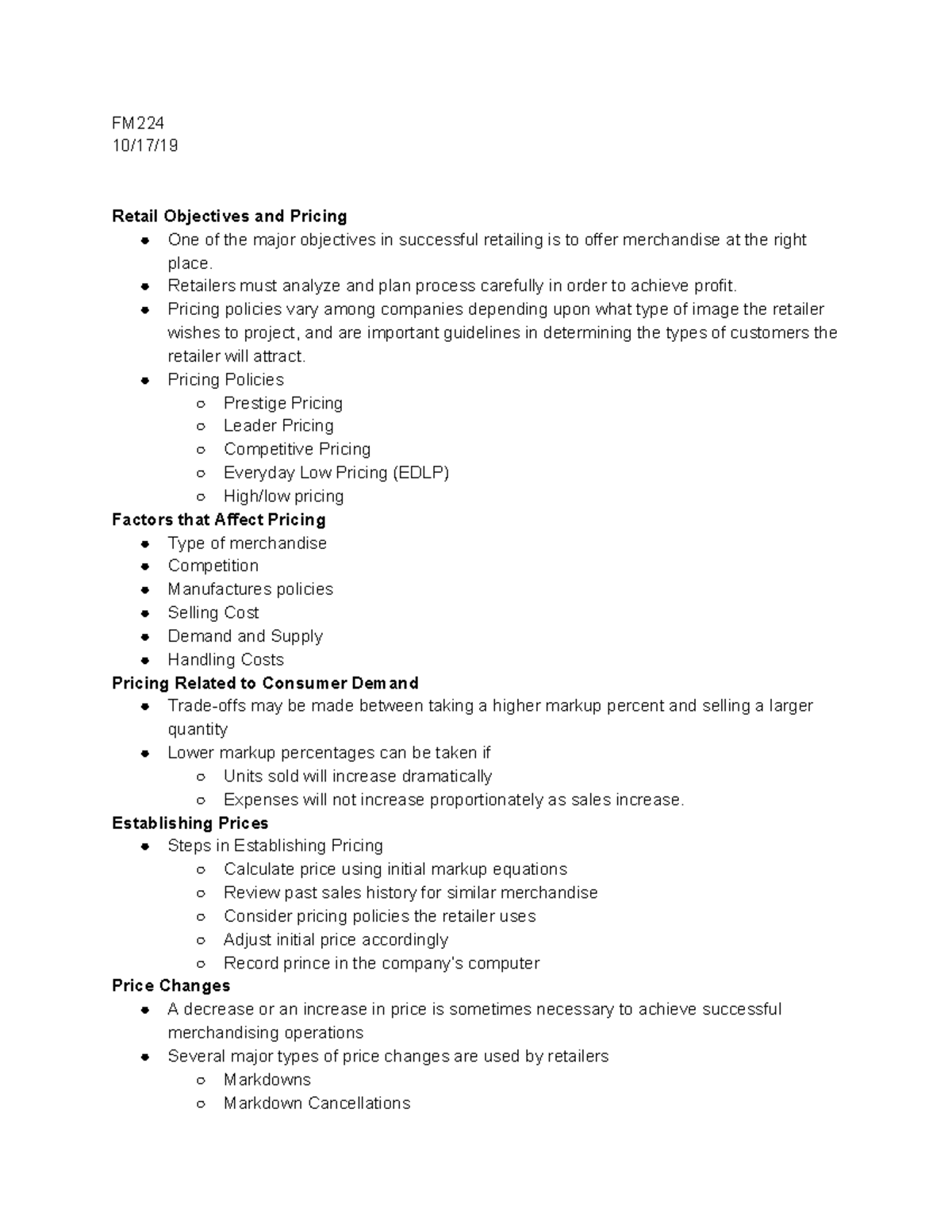 10 17 19 - Pricing - FM 10/17/ Retail Objectives and Pricing One of the ...