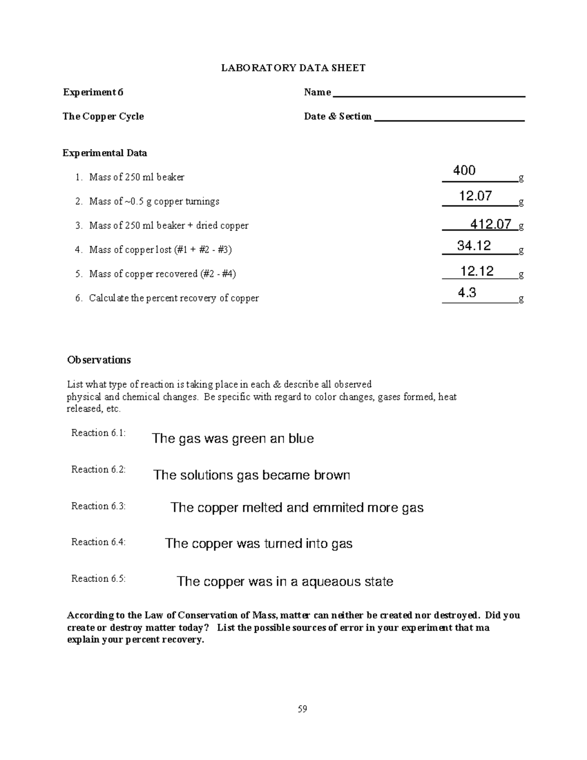 CHEM 1111 Data Sheets Only (1)-11 - 59 LABORATORY DATA SHEET Experiment ...