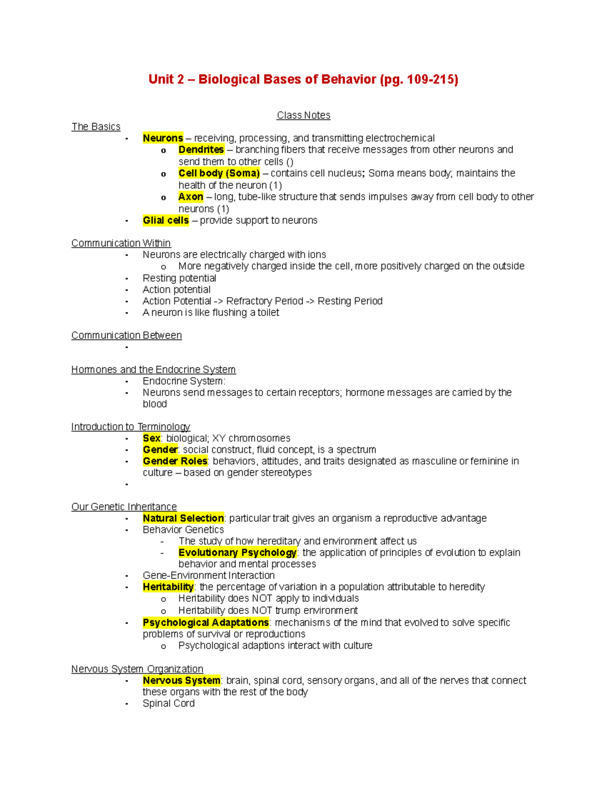 Unit 2 Biological Bases Of Behavior - Unit 2 – Biological Bases Of ...