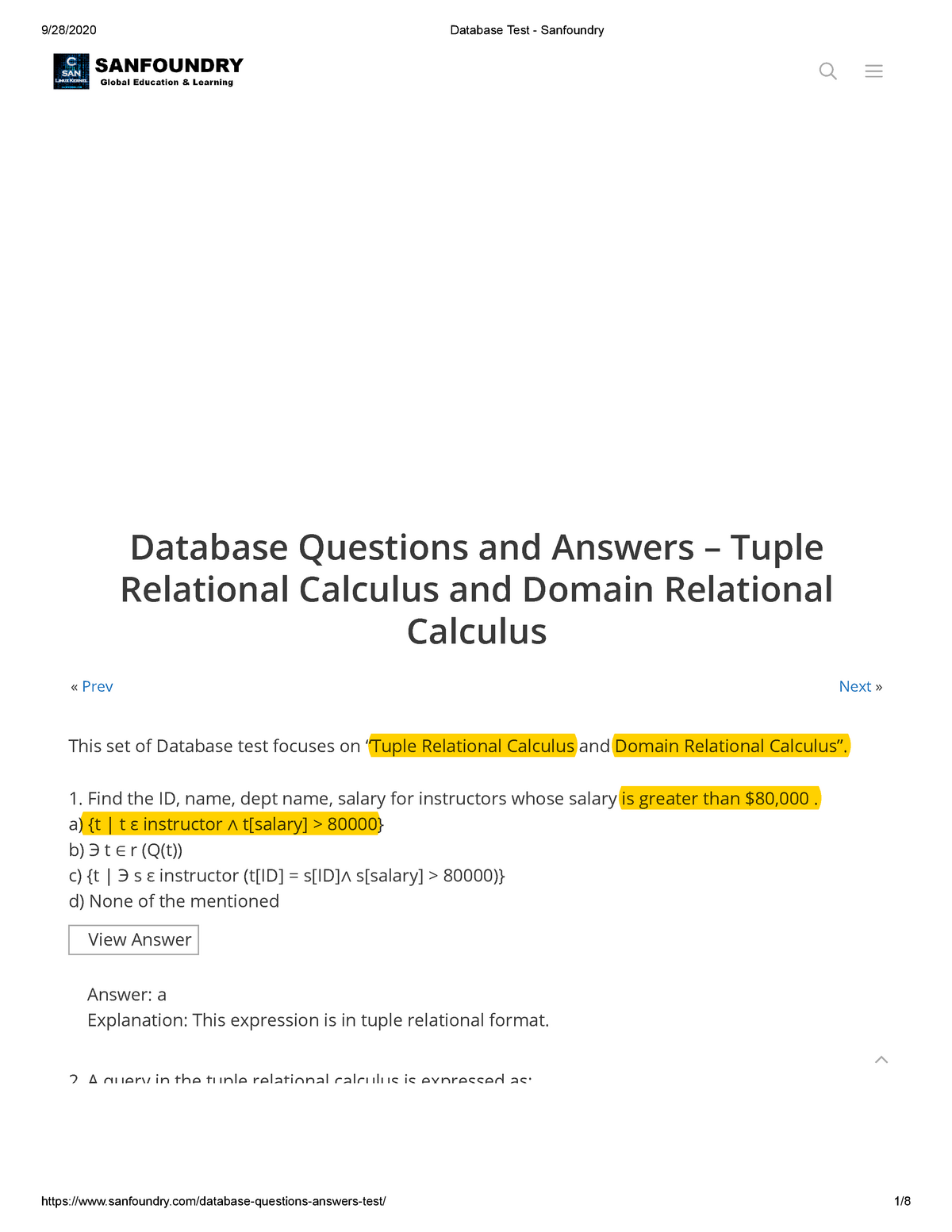 Database Test - Sanfoundry - « Prev Next » Database Questions And ...