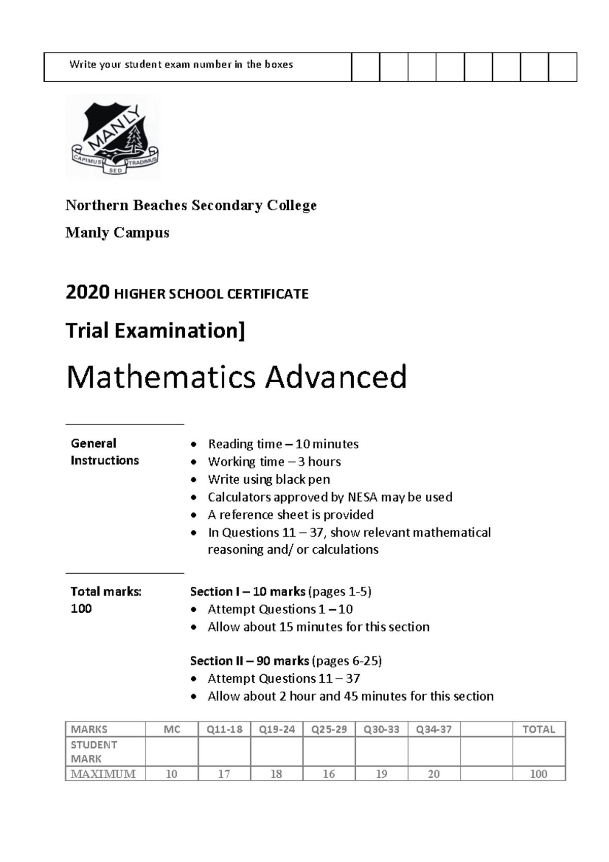 2020 2U - Manly - Trial Paper (with Solutions) - Northern Beaches ...