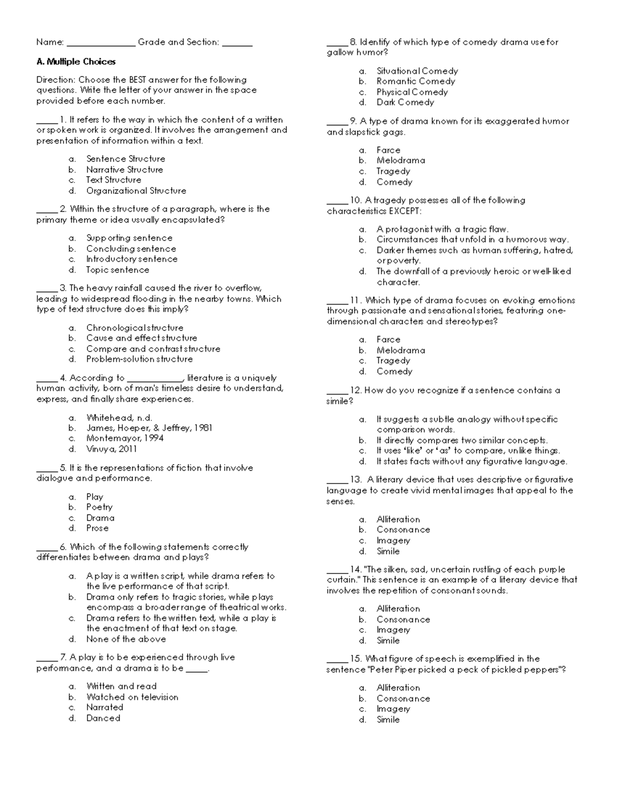 Revised ITEM Question - Name: ________________ Grade and Section ...