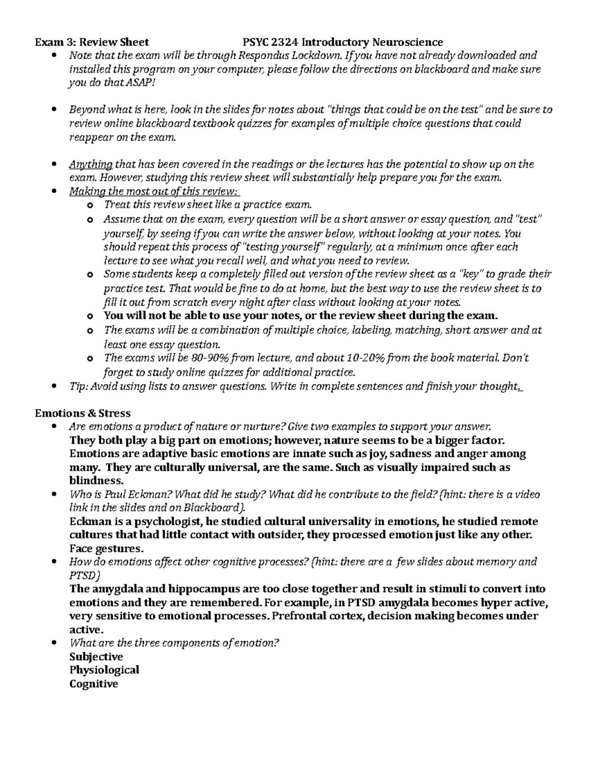 Exam 3 Review Sheet - Exam 3: Review Sheet PSYC 2324 Introductory ...
