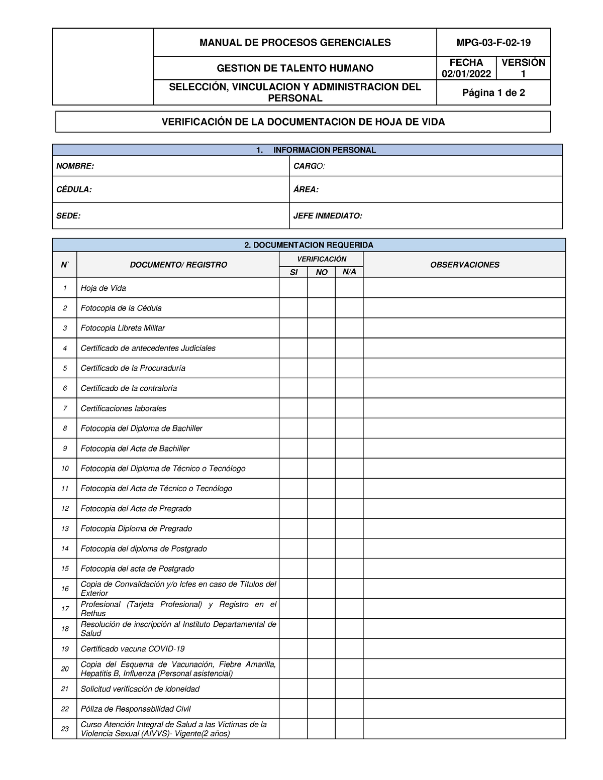 Elaboraci N Lista De Chequeo De La Documentaci N Requerida Para La