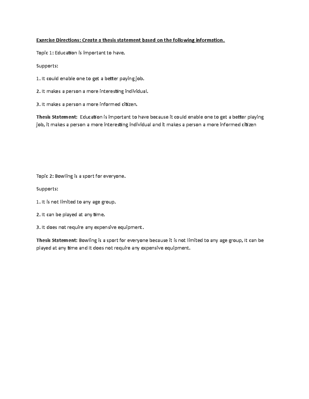 Thesis Statement Exercise Exercise Directions Create A Thesis