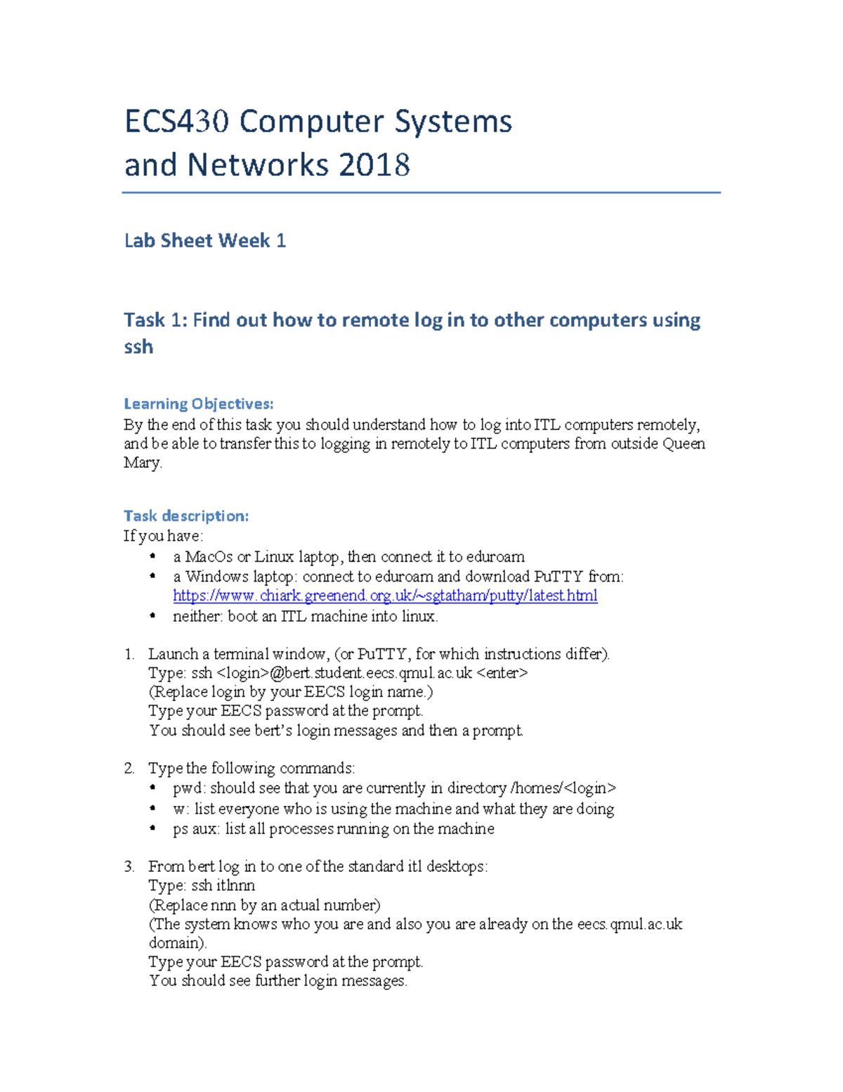 ECS430U lab week01 sols - ECS4 30 Computer Systems and Networks 201 8 ...