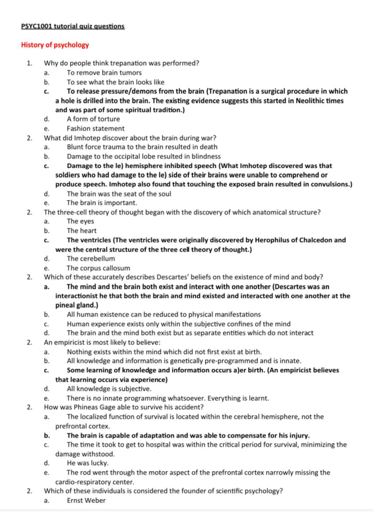 Psyc1001 Practice Questions - PSYC1001 - Studocu