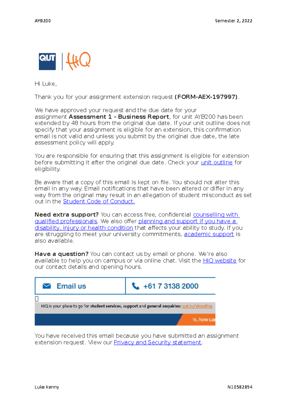 Assessment 1 AYB 200 Business Report - Hi Luke, Thank you for your ...