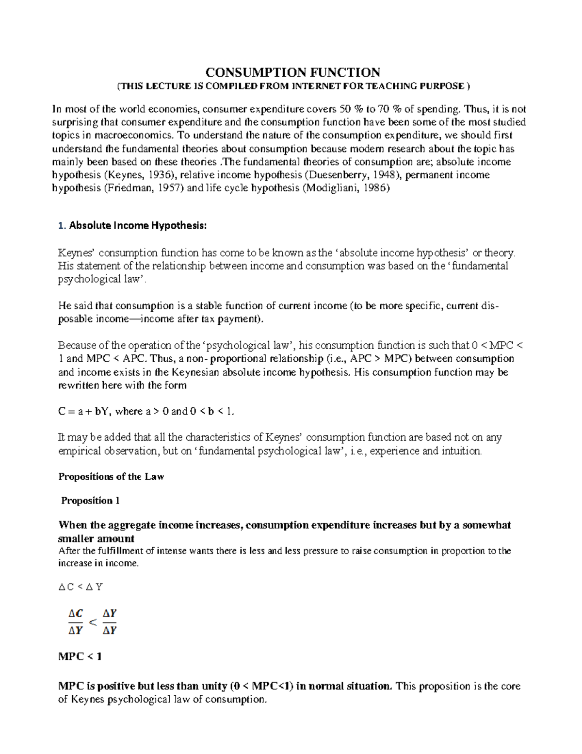 Lecture 30 - It is a complementary topic. - CONSUMPTION FUNCTION (THIS ...