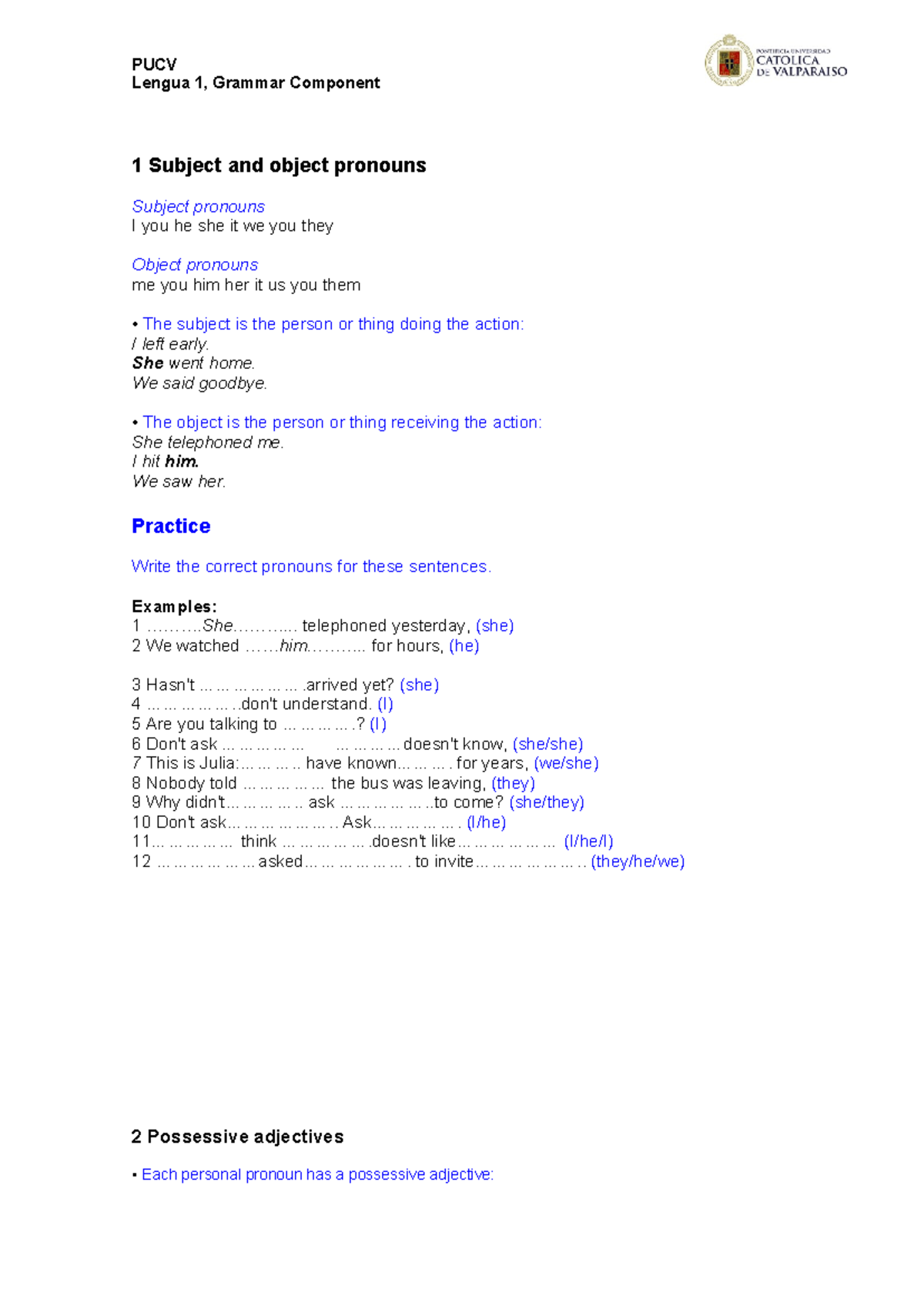 Pronouns - PUCV Lengua 1, Grammar Component 1 Subject and object ...