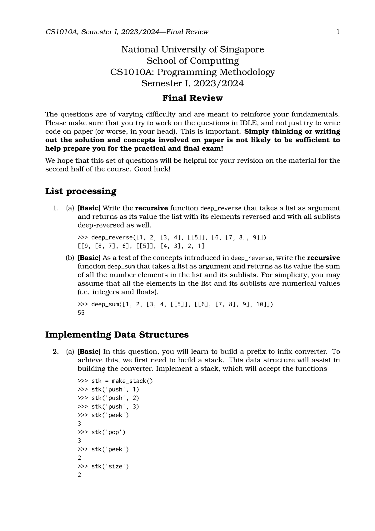 Final Review Practice - National University Of Singapore School Of ...