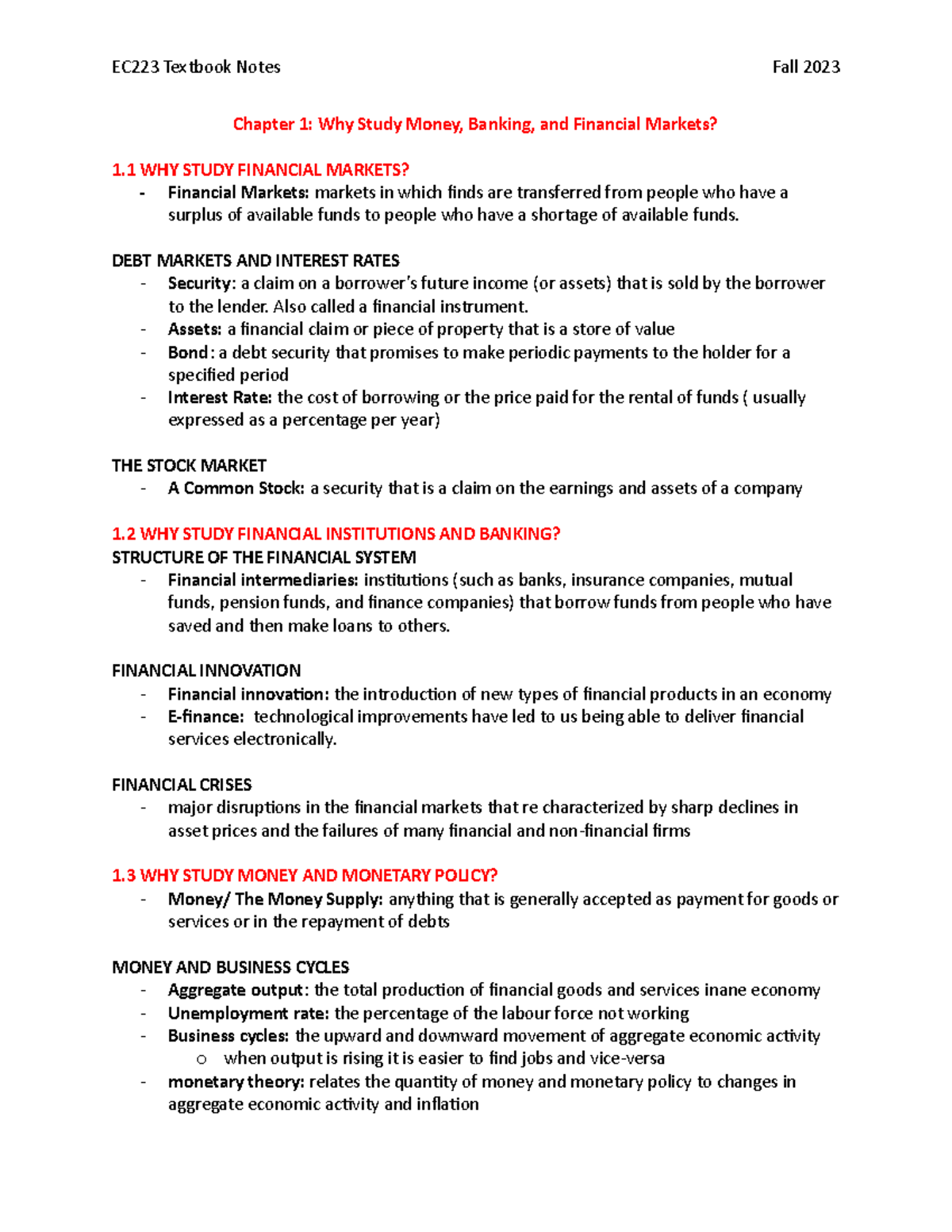 EC223 Textbook notes Chapter 1 Why Study Money, Banking, and
