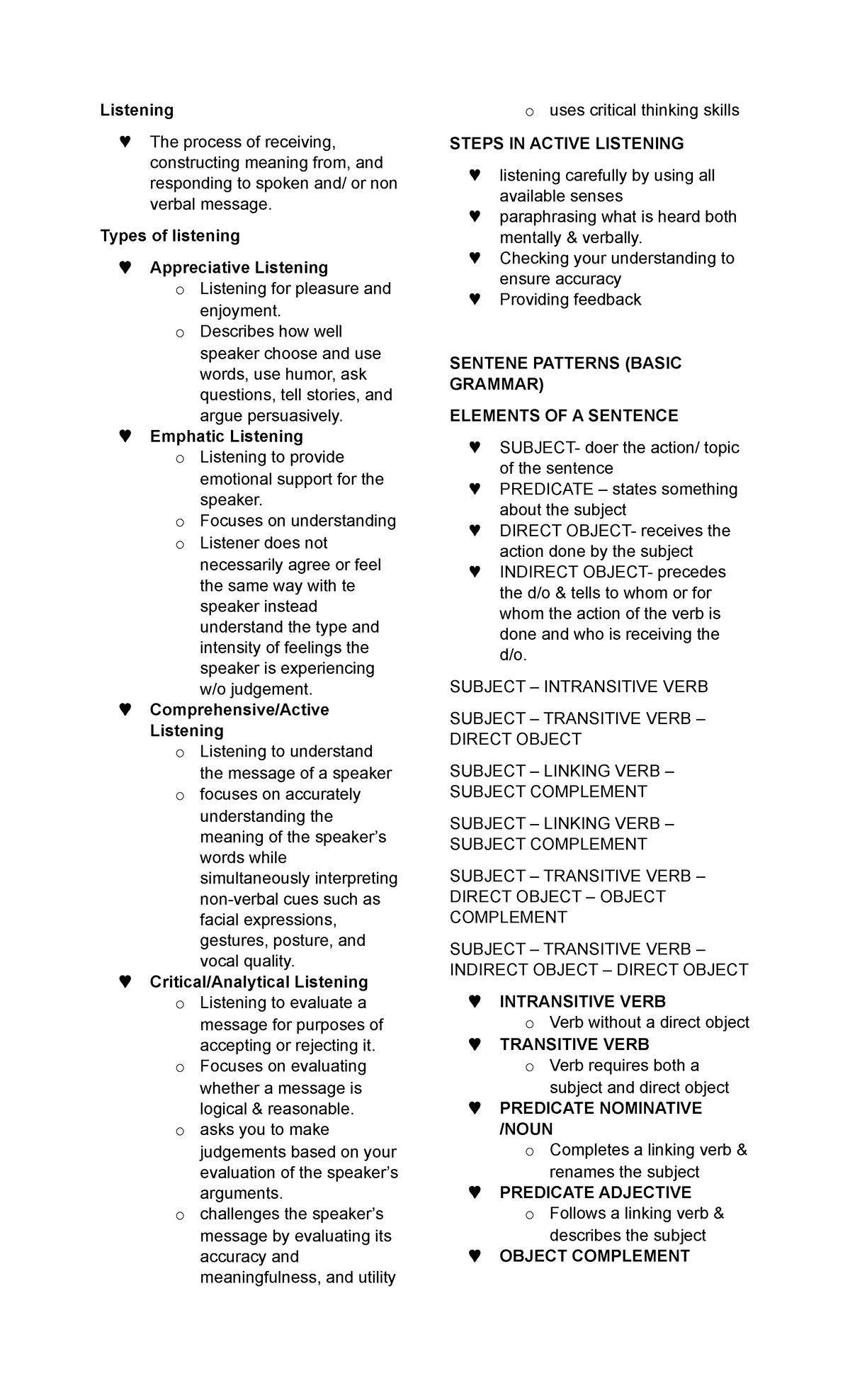 BSA1 ENGL Prelims Notes Listening The process of receiving