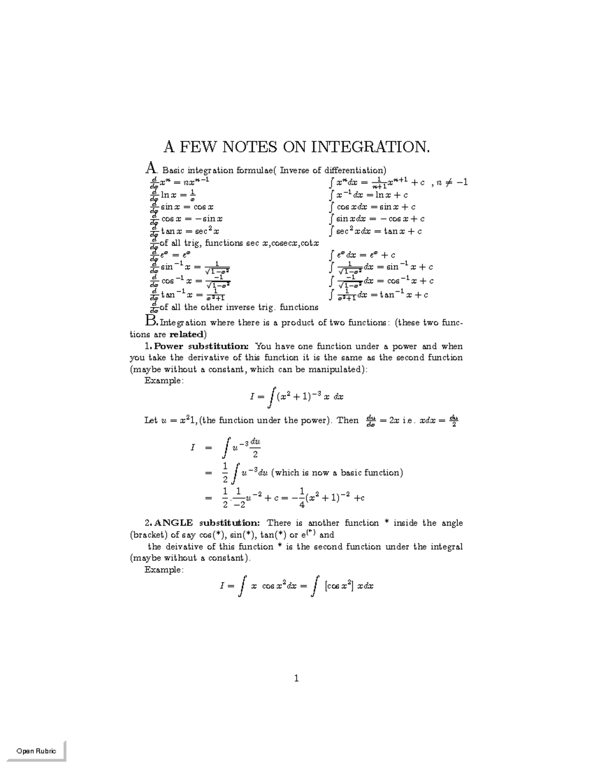 Methods of integration explained - A FEW NOTES ON INTEGRATION. A. Basic ...
