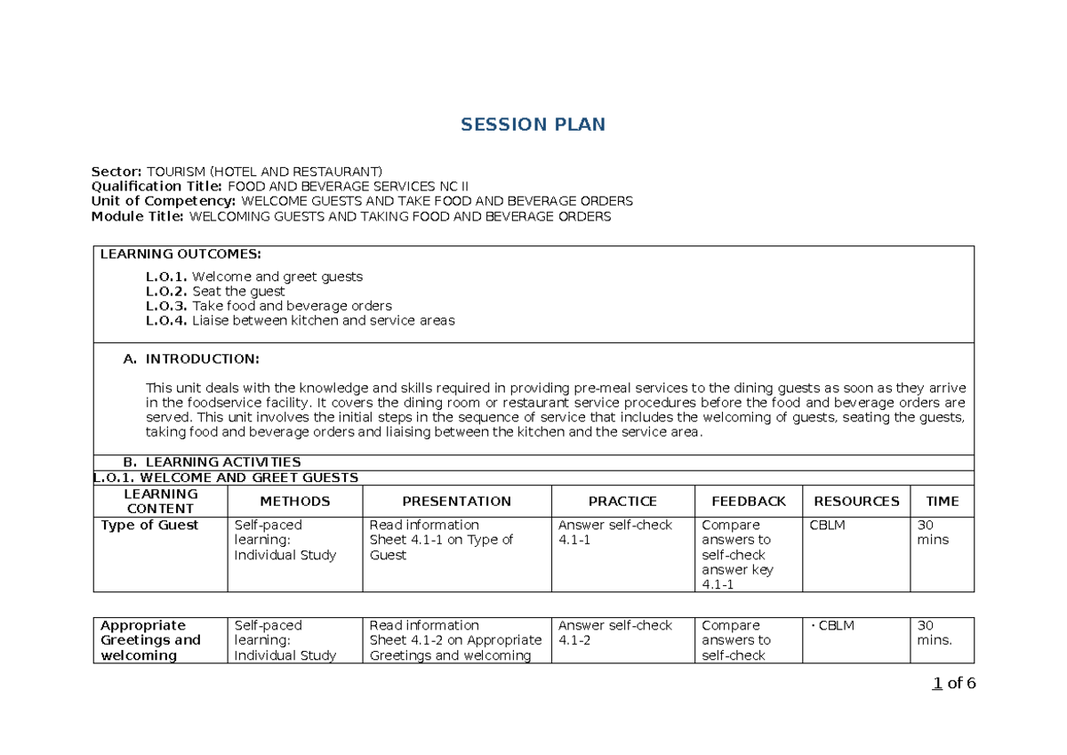 06 Session Plan - SESSION PLAN Sector: TOURISM (HOTEL AND RESTAURANT ...