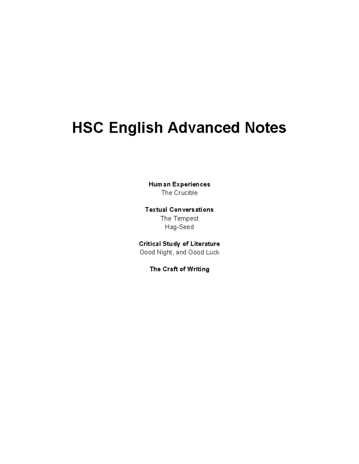 English Advanced Notes by T. James - HSC English Advanced Notes Human ...