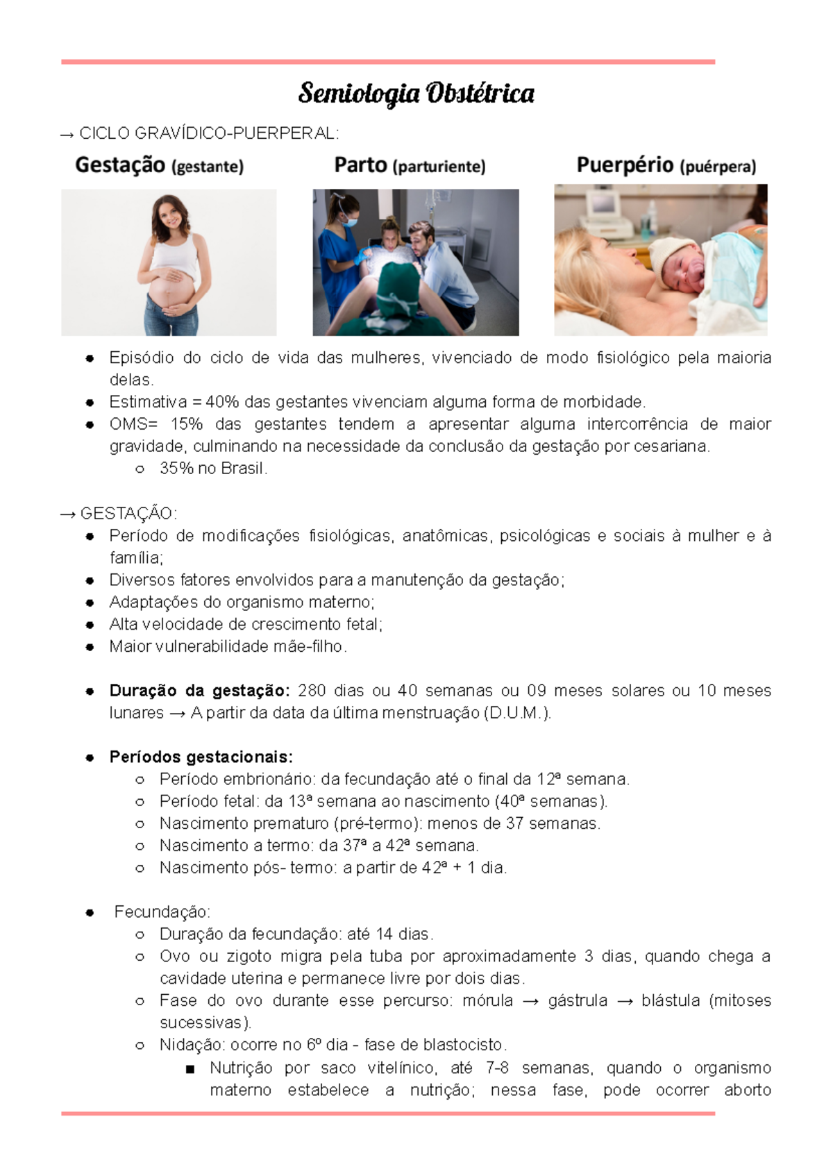 Semiologia Obstétrica - Semiologi Otétric → CICLO GRAVÍDICO-PUERPERAL ...