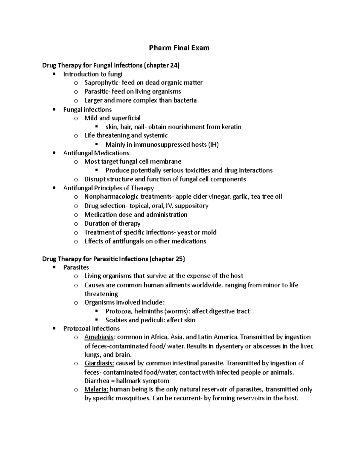 Pharm Final Exam - Pharm Final Exam Drug Therapy For Fungal Infections ...