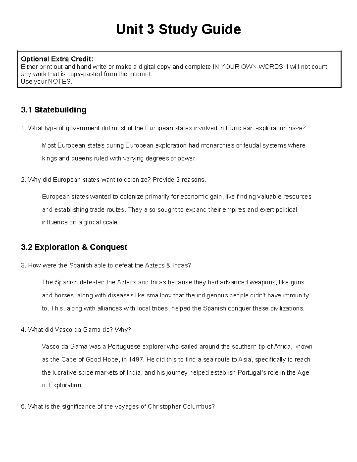 Neel's Copy of Unit 3 Study Guide - Optional Extra Credit: Either print ...