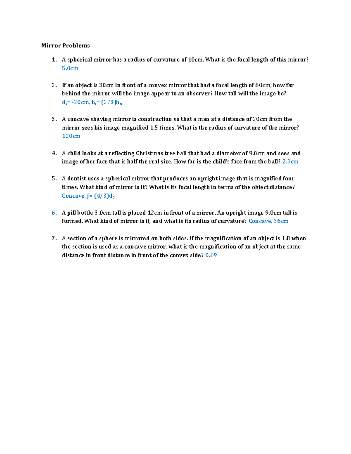 Mirror Problems Physics numericals Mirror Problems A spherical