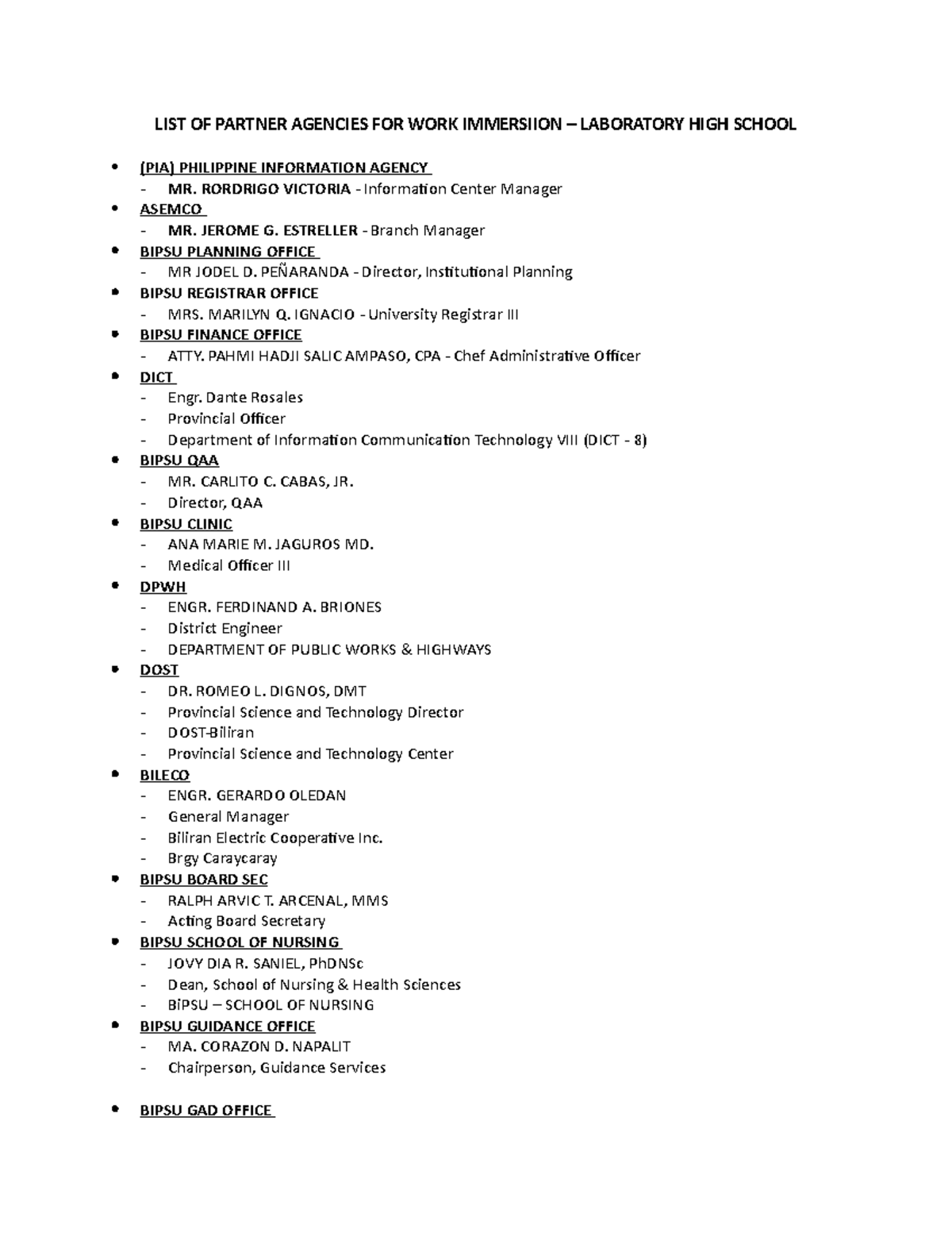 LIST-OF- Partner- Agencies-FOR-WORK- Immersiion - LIST OF PARTNER ...